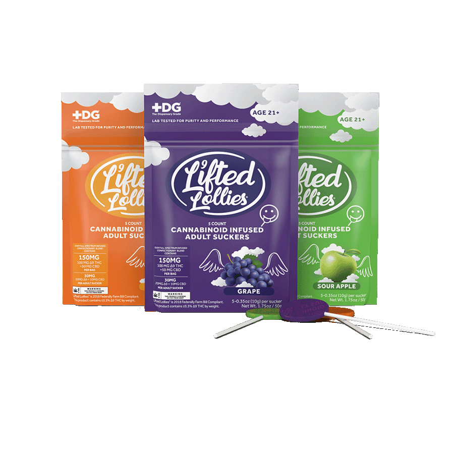 Group image of three flavors, front packaging for 5CT Bags of Lifted Lollies - (Left to Right) Mango, Grape, and Sour Apple Flavors