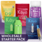 Wholesale Starter pack bundle image, pictured is D9 25MG Gummies, Kayo THC Blend Gummies, Kayo 3G Disposable Vapes, Kayo 2G Vape Cartridges, and 10ct Phuk'd Up 420mg Gummies
