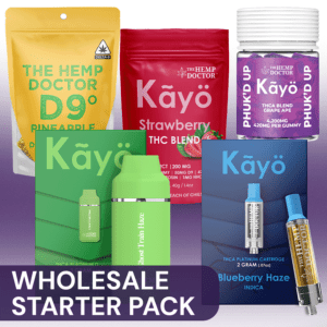 Wholesale Starter pack bundle image, pictured is D9 25MG Gummies, Kayo THC Blend Gummies, Kayo 3G Disposable Vapes, Kayo 2G Vape Cartridges, and 10ct Phuk'd Up 420mg Gummies