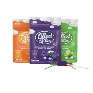 Group image of three flavors, front packaging for 5CT Bags of Lifted Lollies - (Left to Right) Mango, Grape, and Sour Apple Flavors