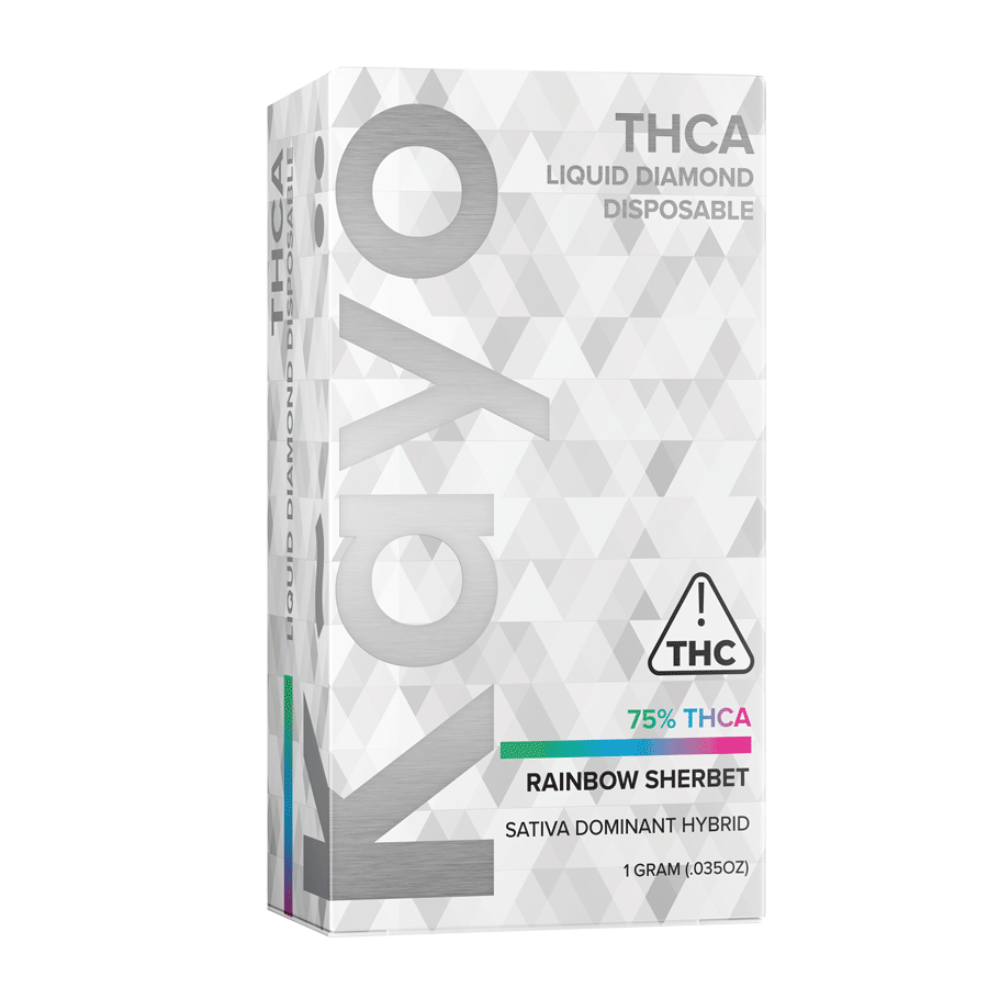 a white box with grey and pink text - Liquid Diamond Disposable - Strain: Rainbow Sherbet