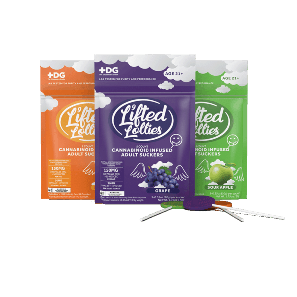 Group image of three flavors, front packaging for 5CT Bags of Lifted Lollies - (Left to Right) Mango, Grape, and Sour Apple Flavors