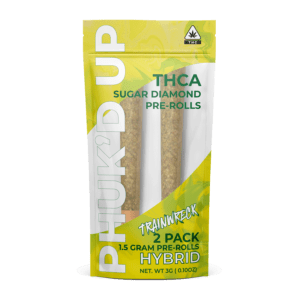 Front of 2 Count pre-roll: Yellow packaging with "The Hemp Doctor" and "Phuk'd Up" logo, strain name = Trainwreck, Hybrid, clear window showing 2 pre-rolls.